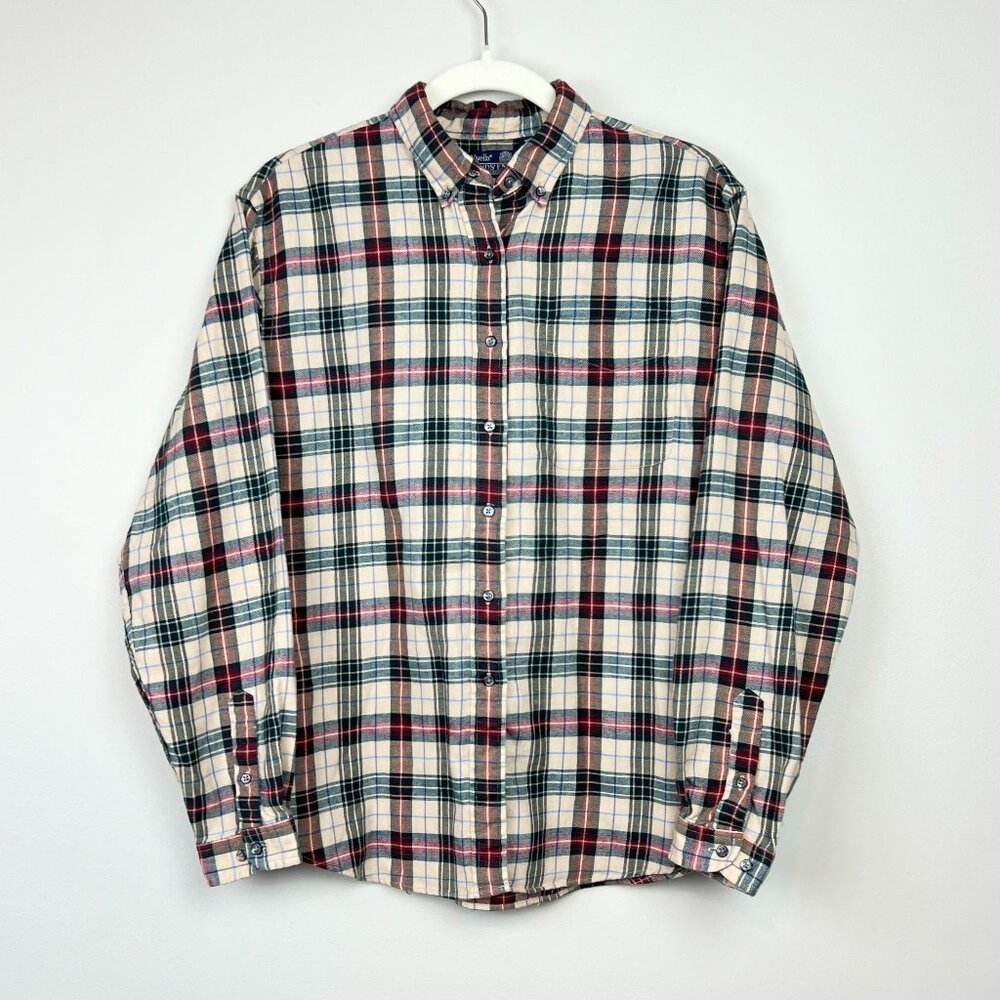 Vintage Women Viyella Scotland Button Up EUSz 16 Wool Blend Flannel Plaid RedGrn
